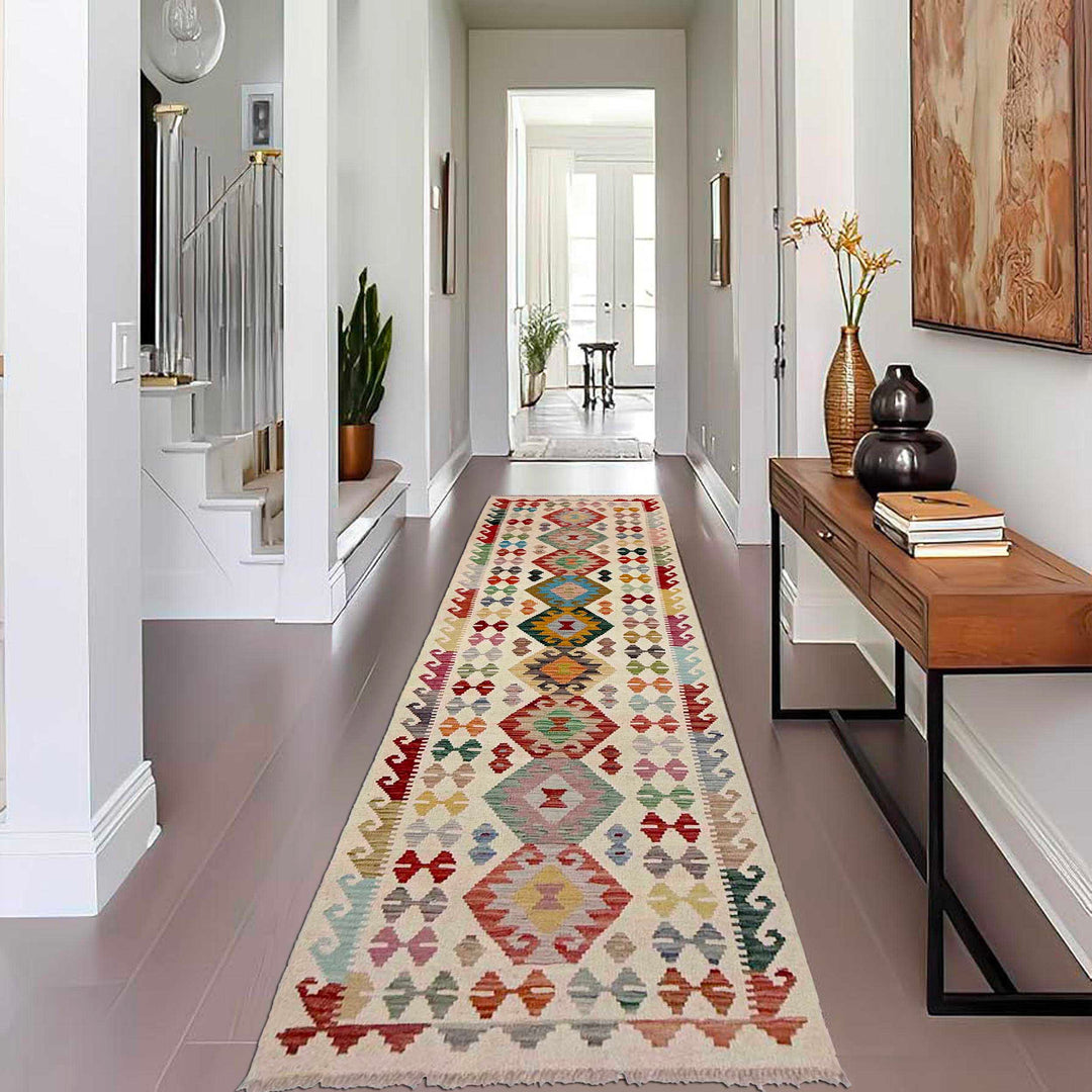 Afghan Vegetable Kilim Rug 2' 7" x 9' 9" Flat-Weave reverse