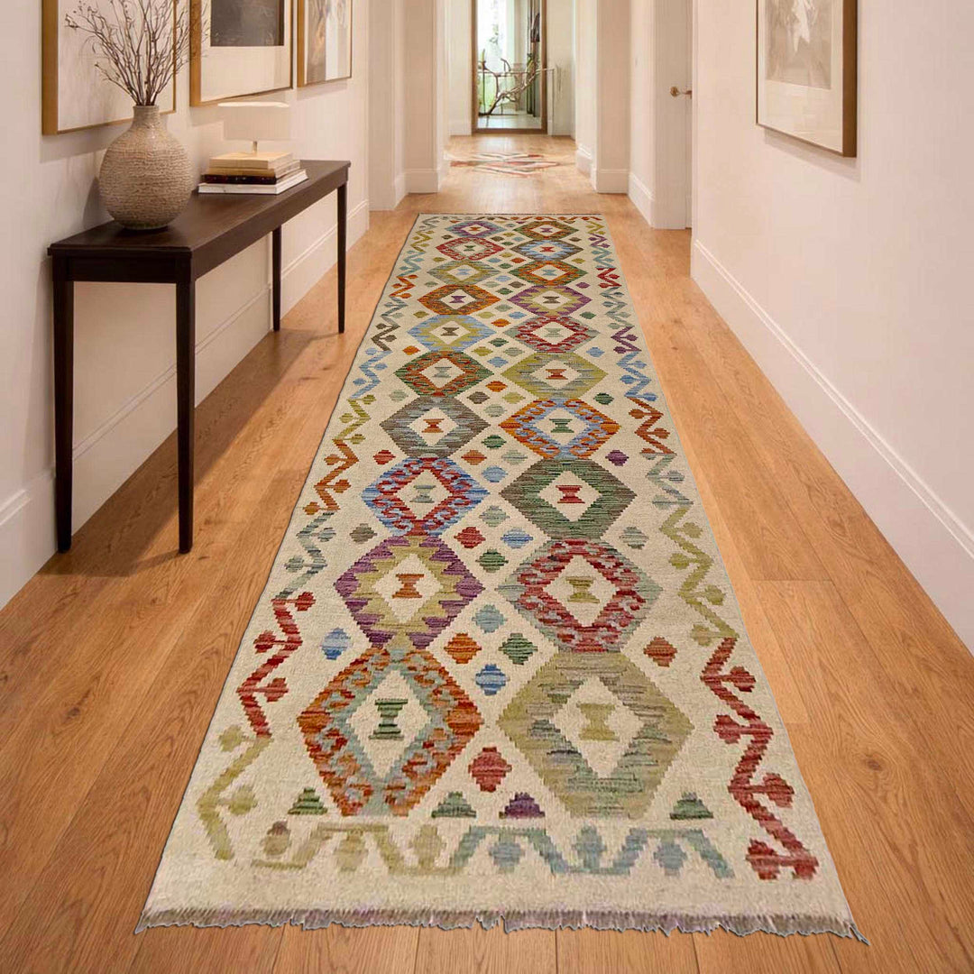 Afghan Vegetable Kilim Rug 2' 7" x 9' 8" Flat-Weave reverse