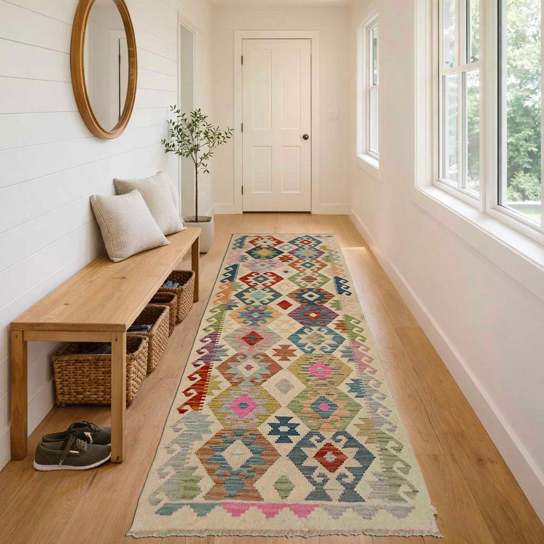 Afghan Vegetable Kilim Rug 2' 7" x 9' 7" Flat-Weave reverse