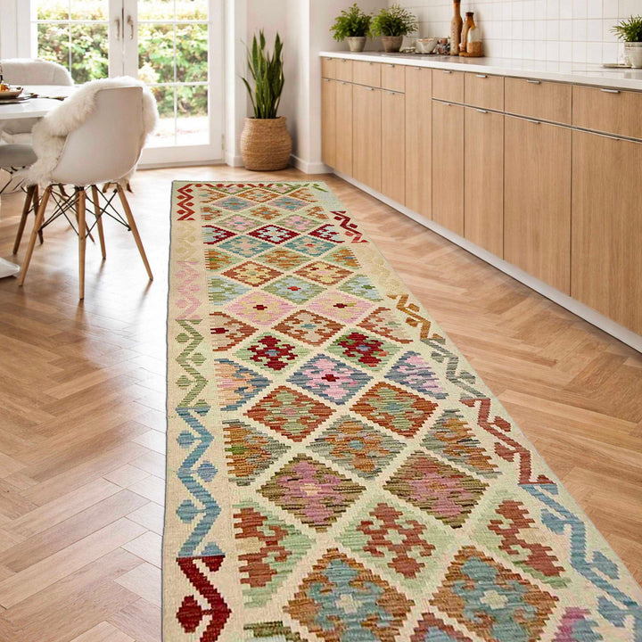 Afghan Vegetable Kilim Rug 2' 9" x 9' 6" Flat-Weave reverse