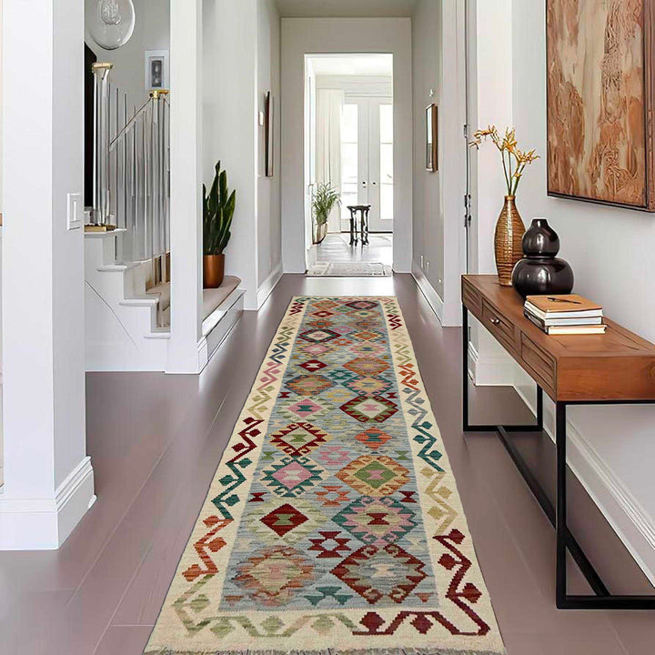Afghan Vegetable Kilim Rug 2' 6" x 10' 2" Flat-Weave reverse