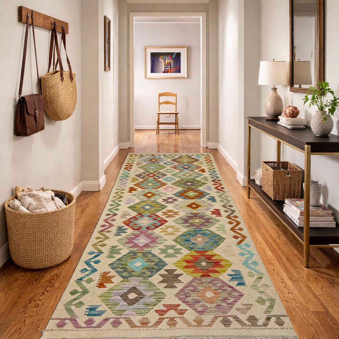 Afghan Vegetable Kilim Rug 2' 7" x 9' 5" Flat-Weave reverse