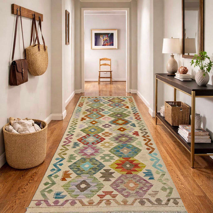 Afghan Vegetable Kilim Rug 2' 7" x 9' 5" Flat-Weave reverse