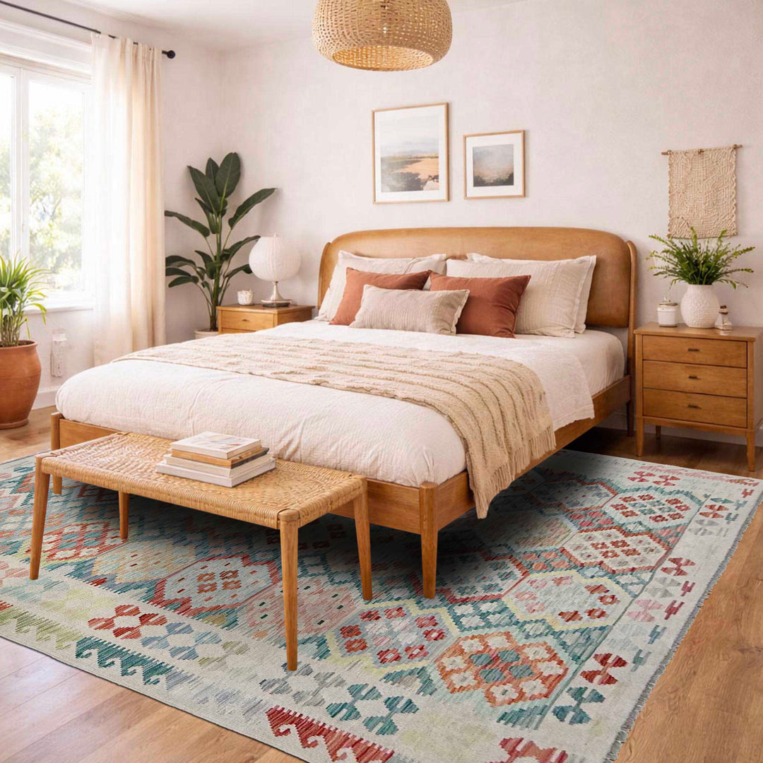 Afghan Vegetable Kilim Rug 7' 0" x 9' 9" Flat-Weave reverse