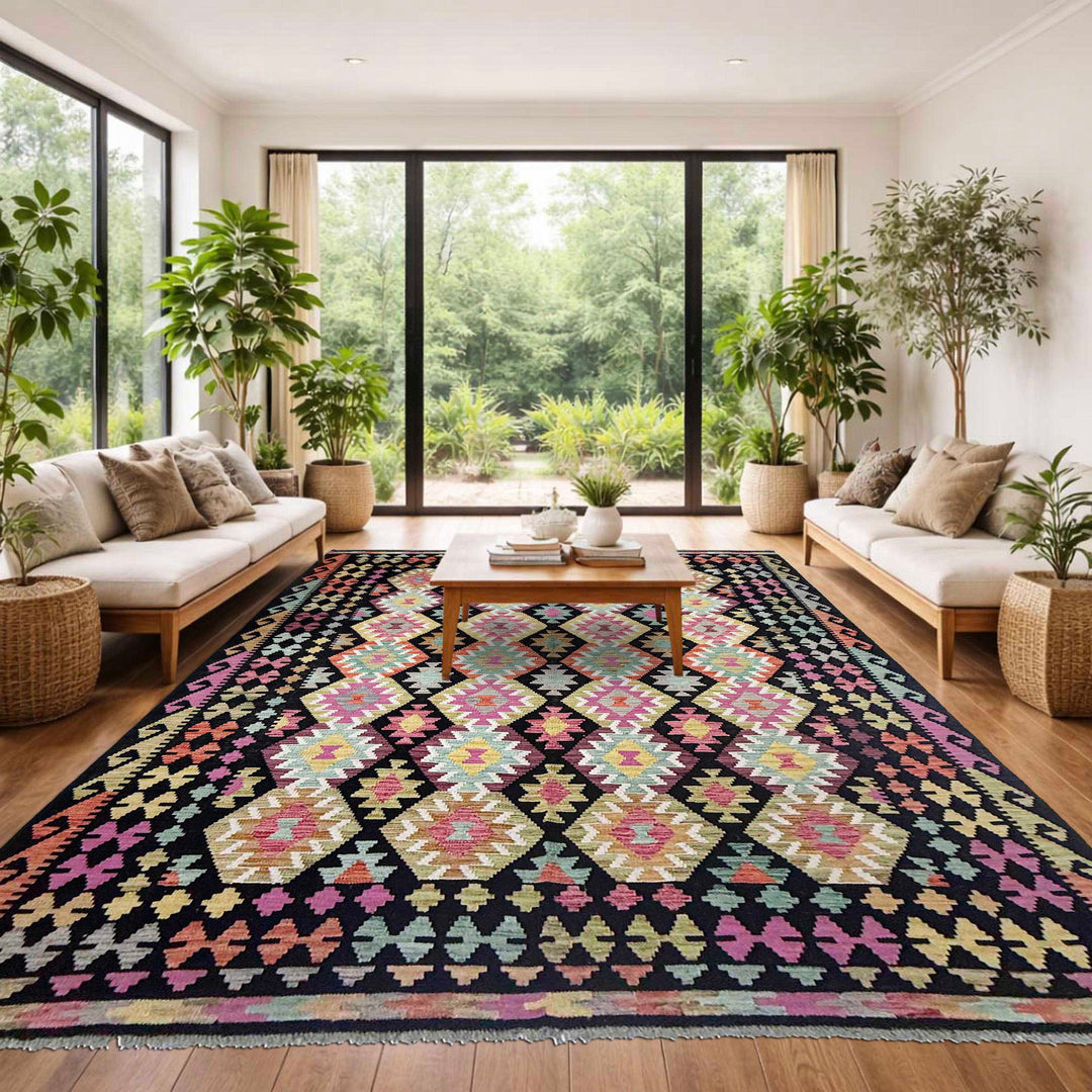 Afghan Vegetable Kilim Rug 6' 8" x 9' 5" Flat-Weave reverse
