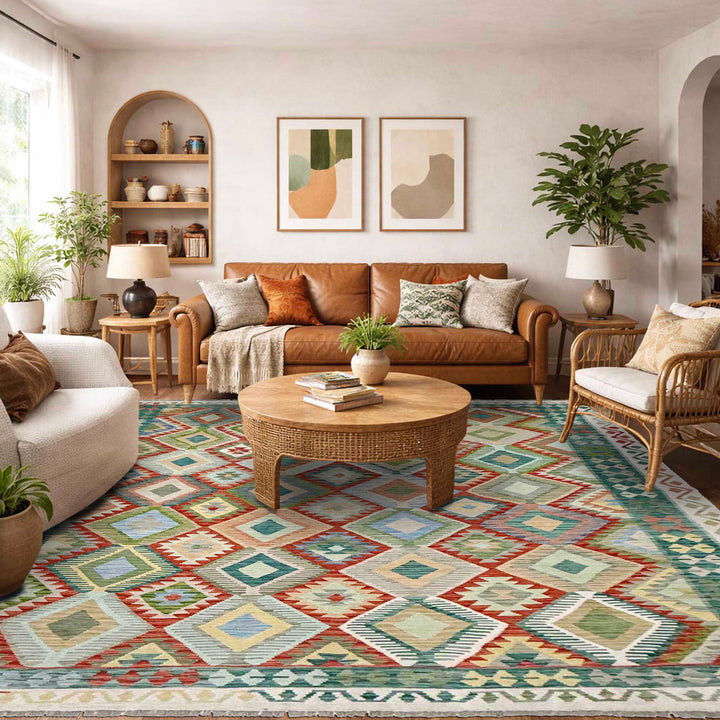 Afghan Vegetable Kilim Rug 8' 1" x 10' 0" Flat-Weave reverse