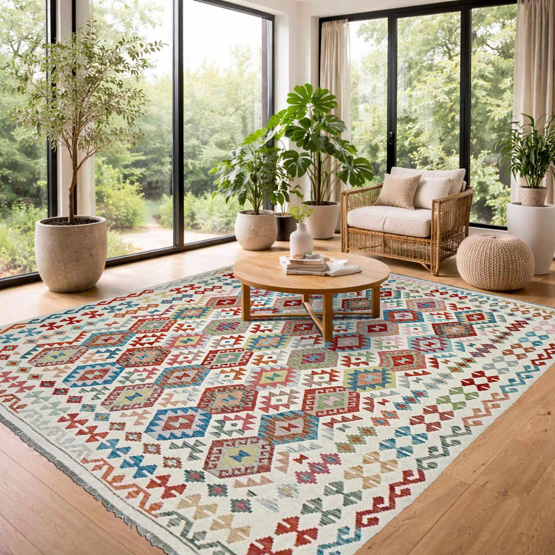 Afghan Vegetable Kilim Rug 8'4" x 9'10" Flat-Weave reverse