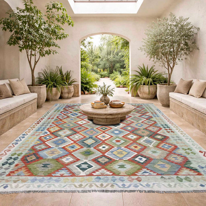 Afghan Kilim Rug 8' 0" x 9' 11" Flat-Weave reverse