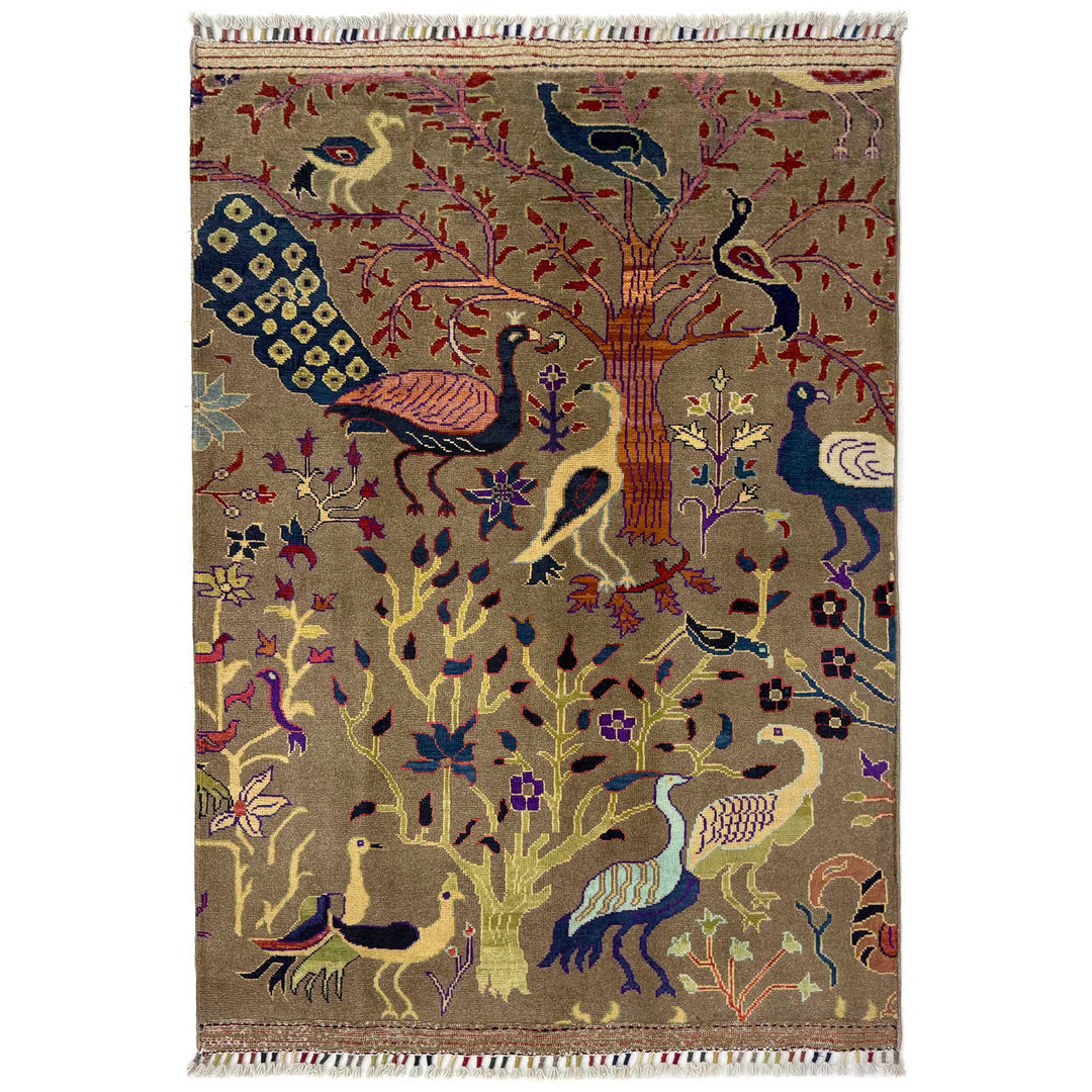 Brown Afghan Tree Of Life Rug 3' 3" x 4' 6" Hand-Knotted