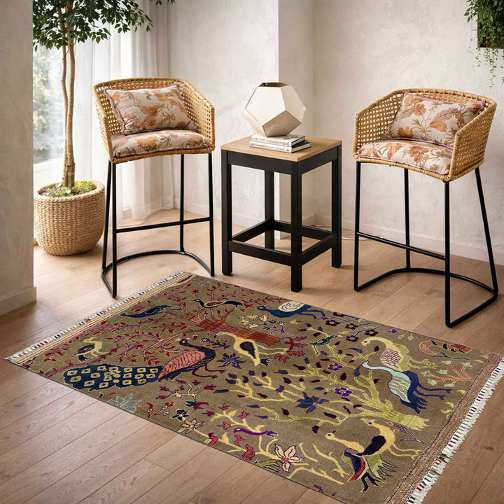 Brown Afghan Tree Of Life Rug 3' 3" x 4' 6" Hand-Knotted reverse