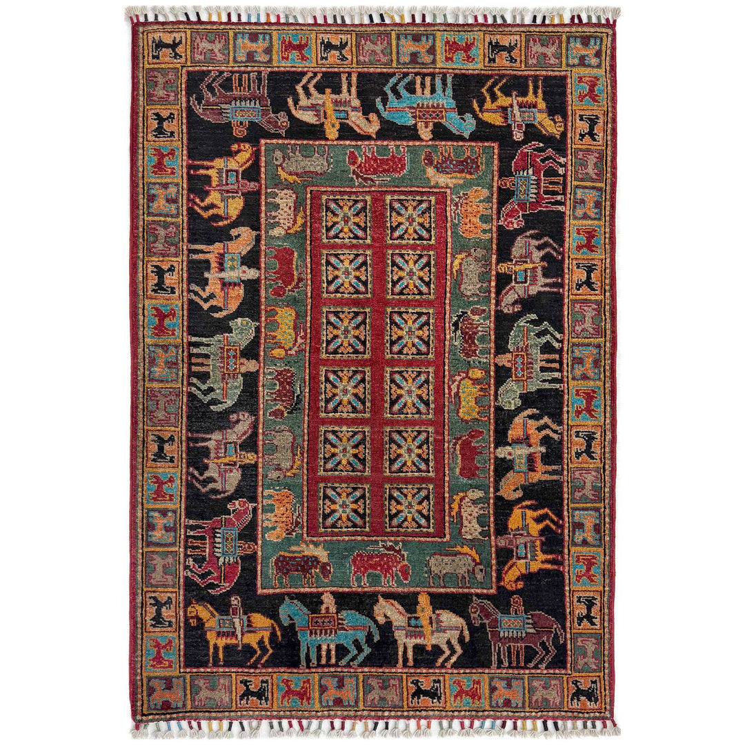 Afghan Shikargah Rug 3' 3" x 4' 10" Hand-Knotted