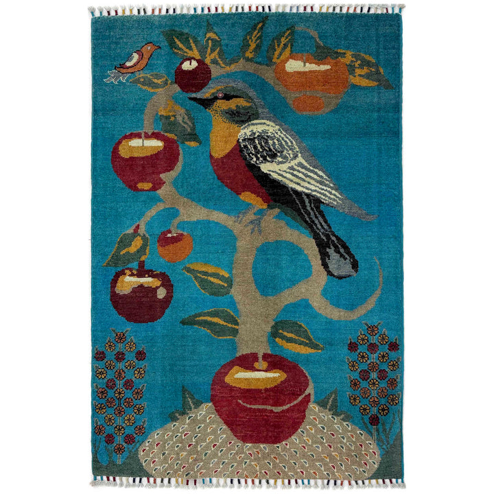 Blue Afghan Pictorial Rug 3' 3" x 4' 9" Hand-Knotted