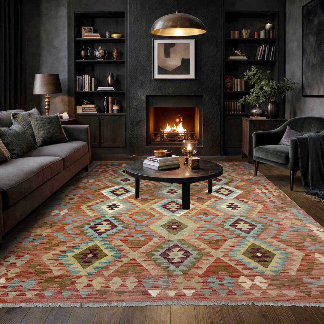Afghan Vegetable Kilim Rug 5' 9" x 7' 11" Flat-Weave reverse