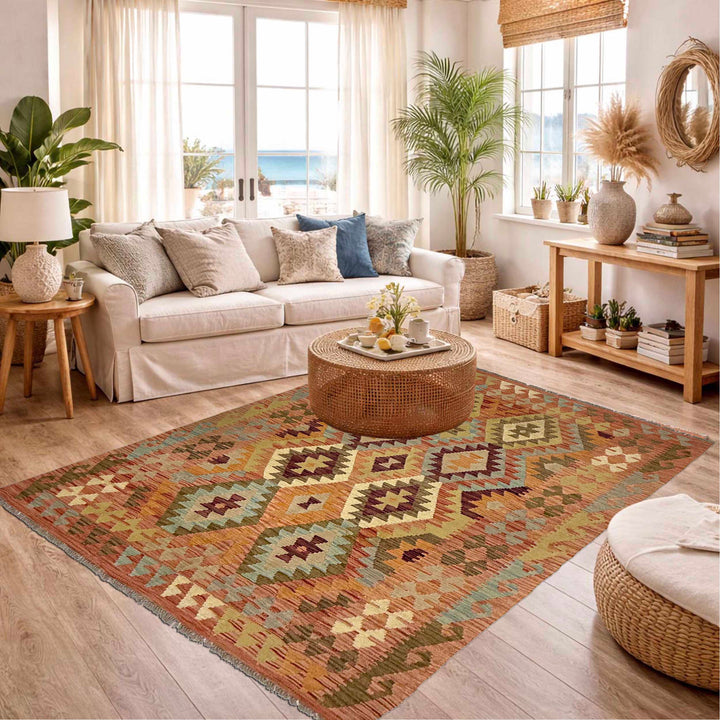 Afghan Kilim Rug 4' 7" x 6' 2" Flat-Weave reverse