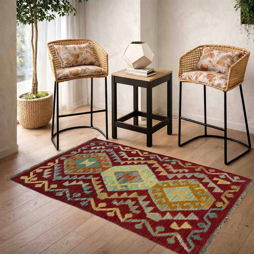Afghan Vegetable Kilim Rug 2' 5" x 4' 2" Flat-Weave reverse