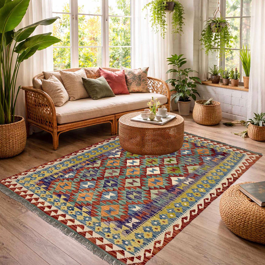 Afghan Kilim Rug 4' 9" x 6' 8" Flat-Weave reverse