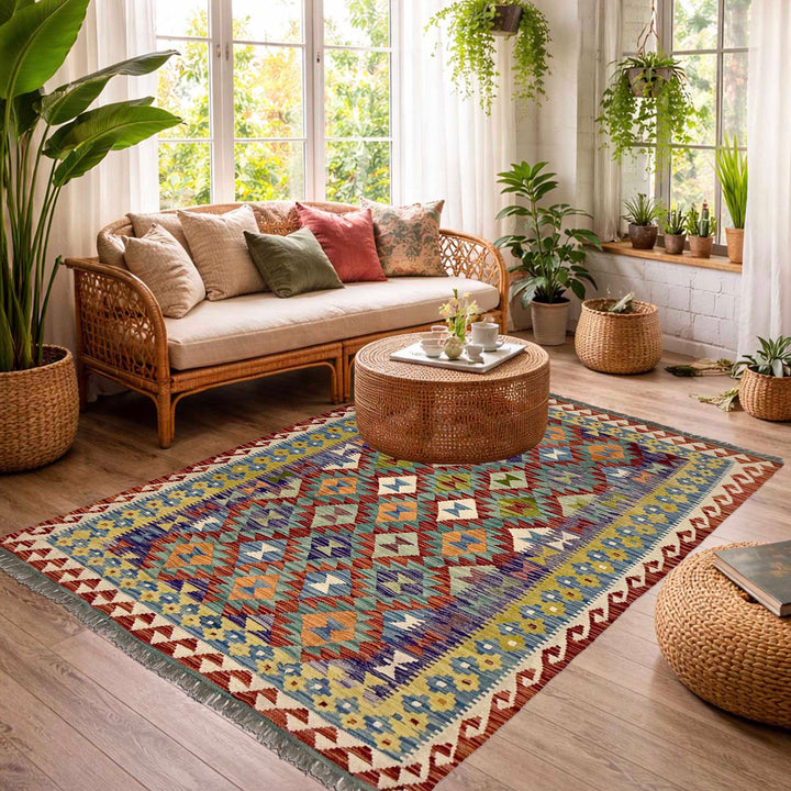 Afghan Kilim Rug 4' 9" x 6' 8" Flat-Weave reverse