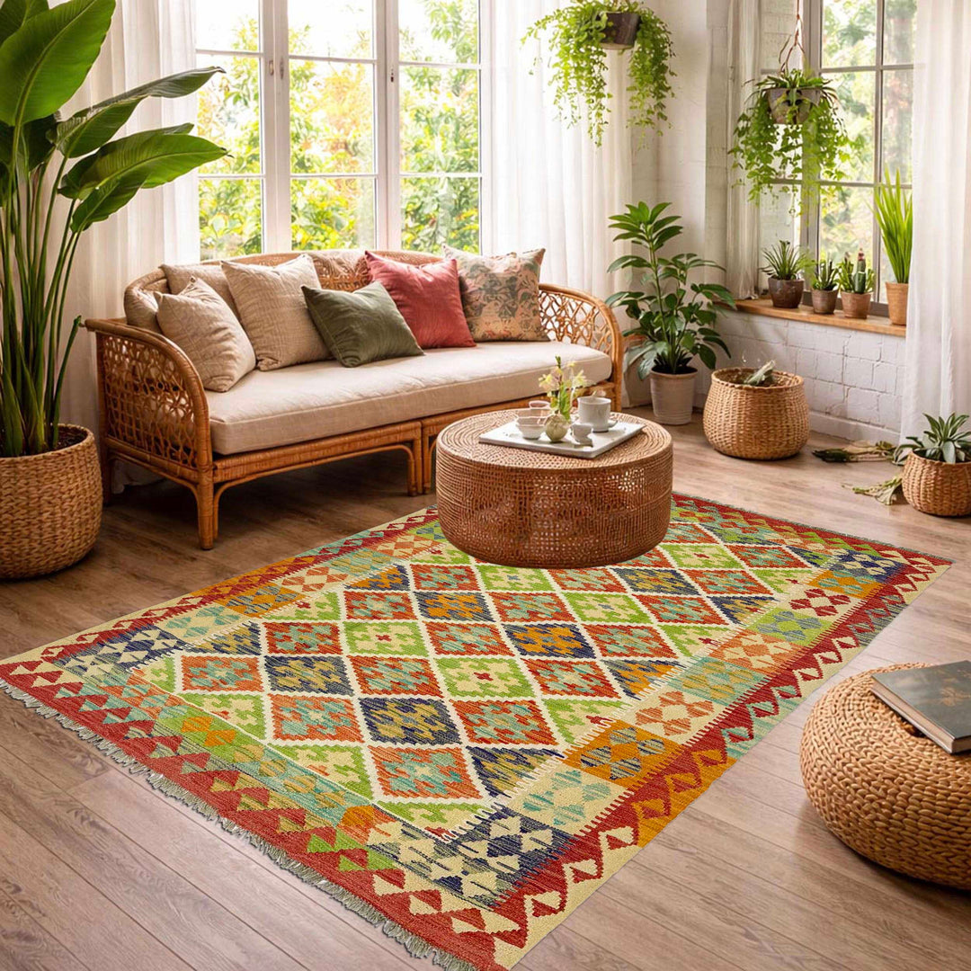 Afghan Vegetable Kilim Rug 4' 9" x 6' 8" Flat-Weave reverse