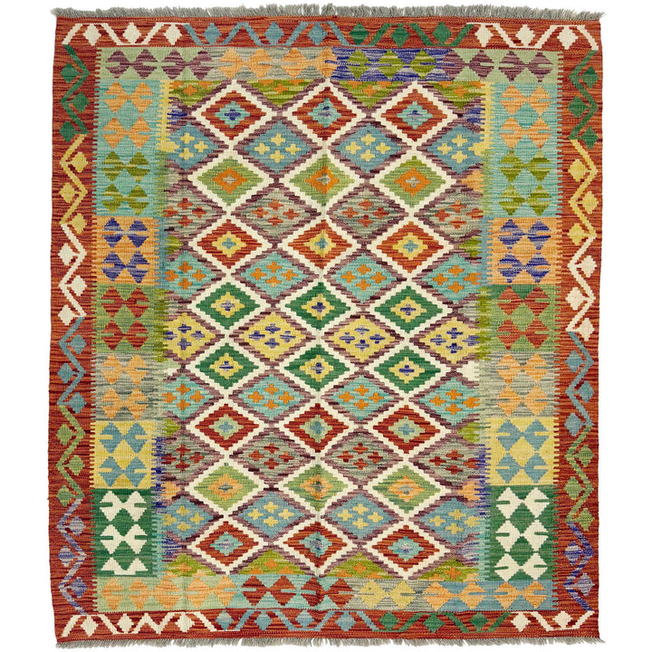 Afghan Vegetable Kilim Rug 5' 1" x 6' 4" Flat-Weave | No. AL736629