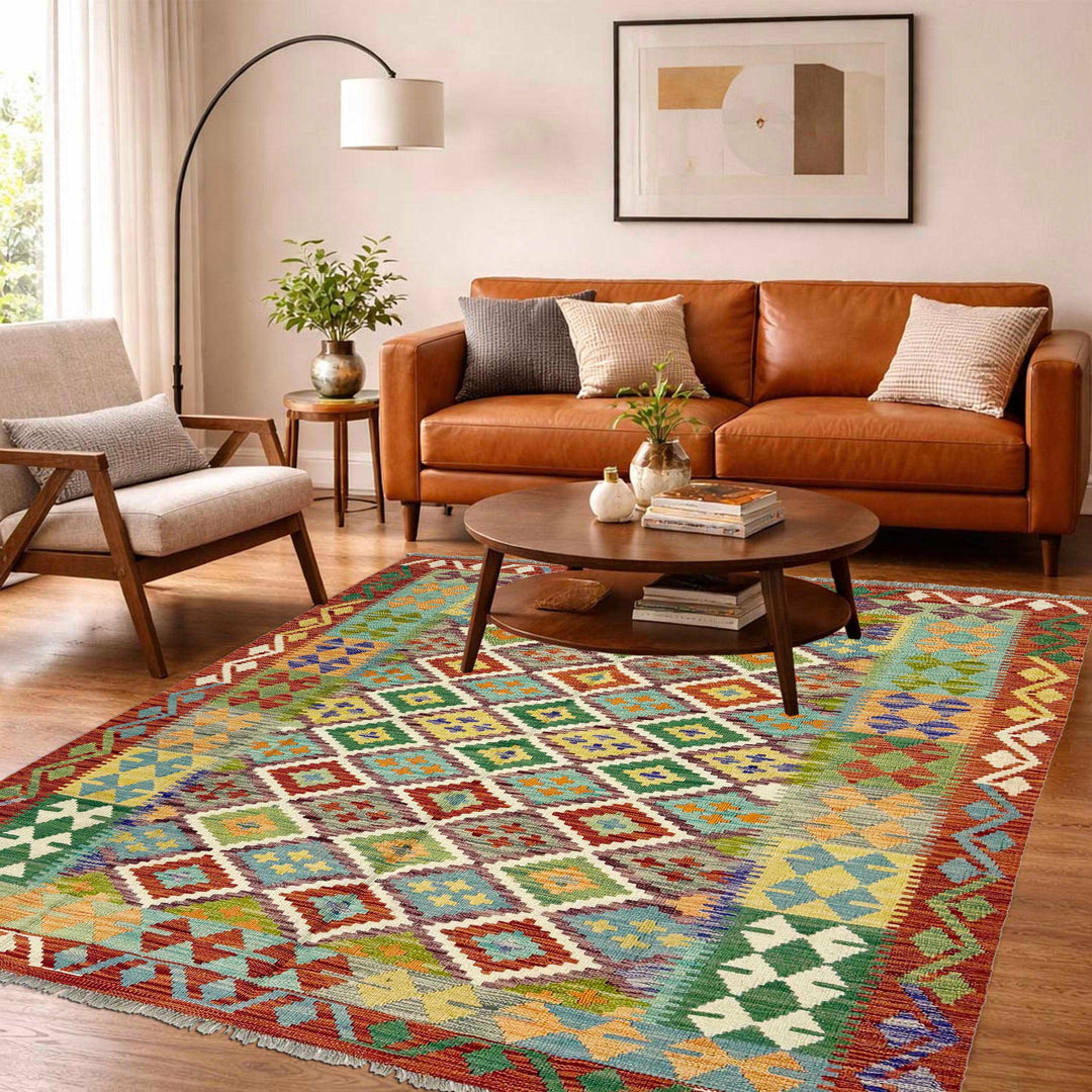 Afghan Vegetable Kilim Rug 5' 1" x 6' 4" Flat-Weave | No. AL736629