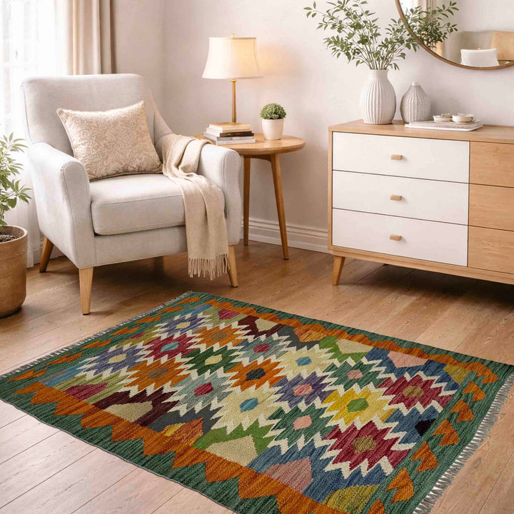 Afghan Vegetable Kilim Rug 2' 9" x 3' 7" Flat-Weave reverse