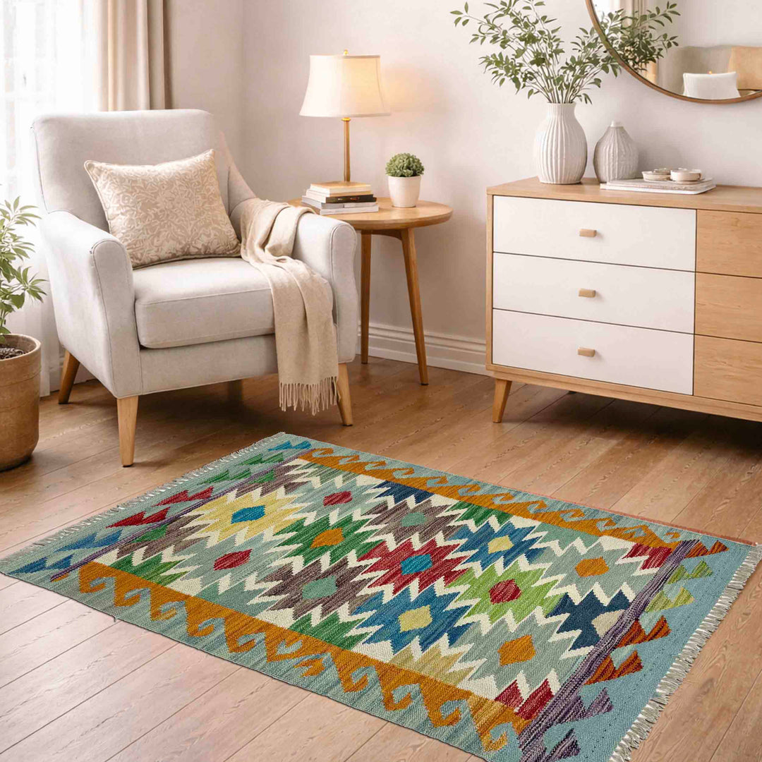 Afghan Vegetable Kilim Rug 2'7" x 4'1" Flat-Weave reverse