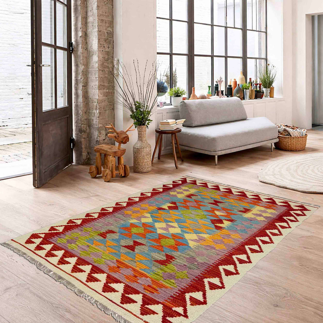 Afghan Vegetable Kilim Rug 3' 0" x 4' 10" Flat-Weave reverse