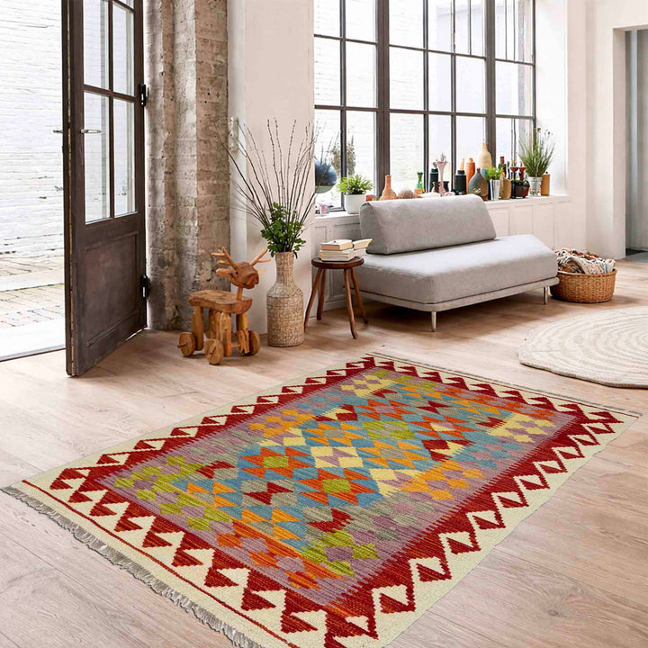 Afghan Vegetable Kilim Rug 3' 0" x 4' 10" Flat-Weave reverse
