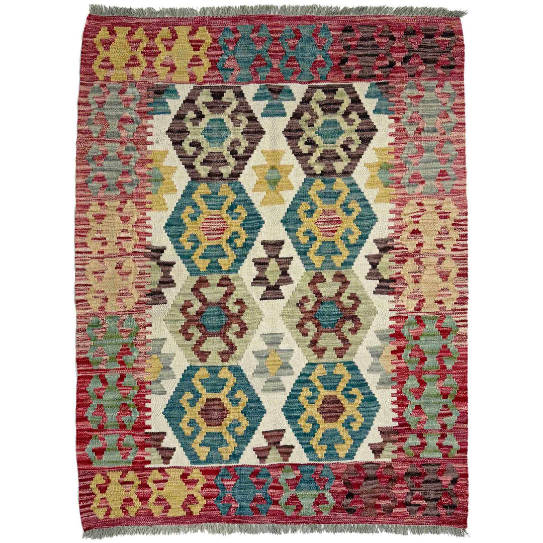 Afghan Vegetable Kilim Rug 3' 5" x 4' 8" Flat-Weave