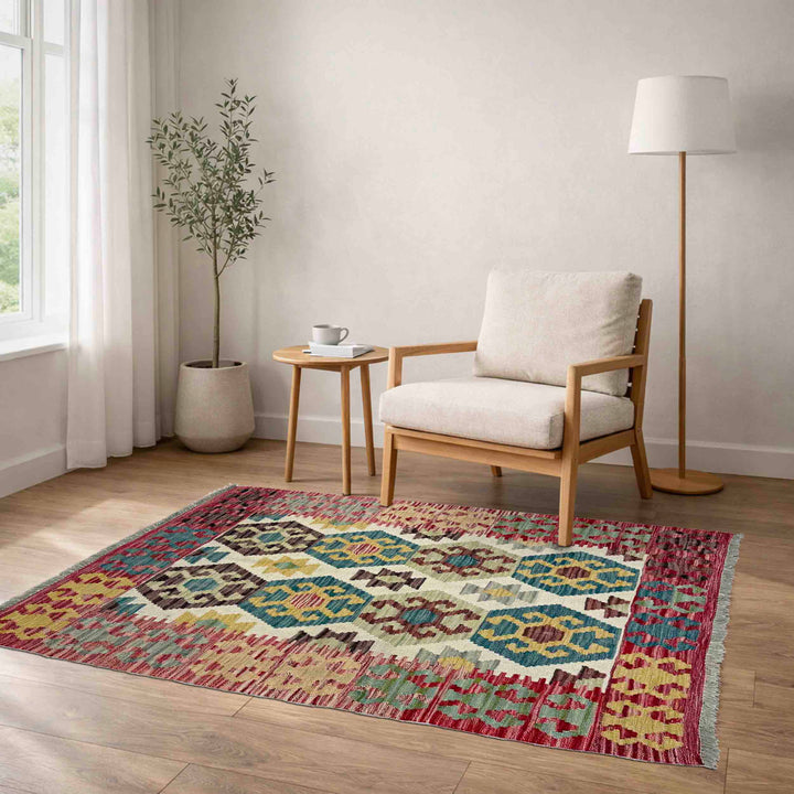 Afghan Vegetable Kilim Rug 3' 5" x 4' 8" Flat-Weave reverse