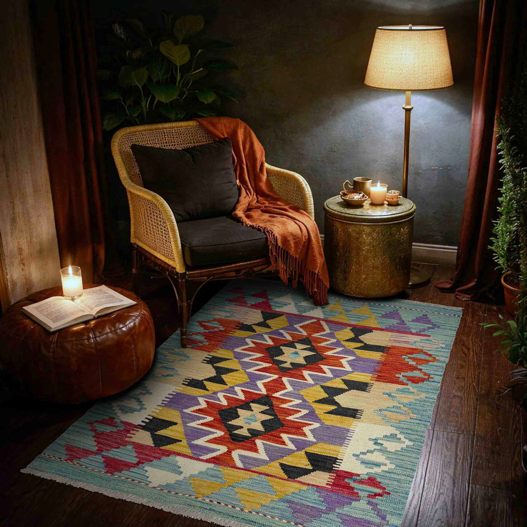 Afghan Vegetable Kilim Rug 3' 6" x 4' 9" Flat-Weave reverse