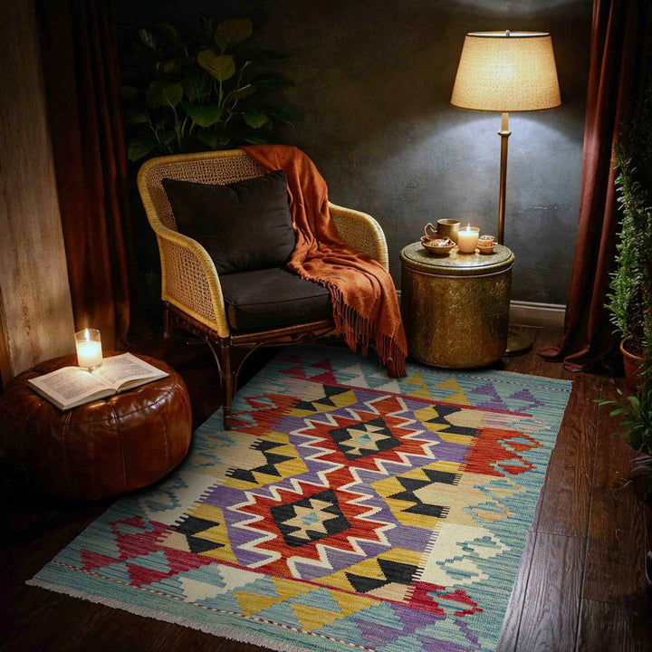 Afghan Vegetable Kilim Rug 3' 6" x 4' 9" Flat-Weave reverse