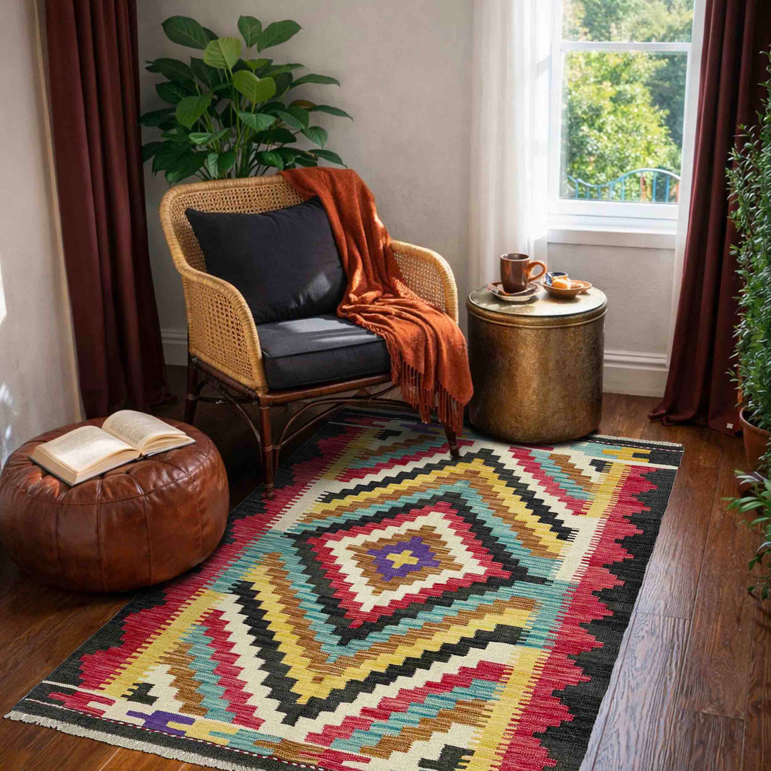 Afghan Vegetable Kilim Rug 3' 10" x 5' 1" Flat-Weave reverse