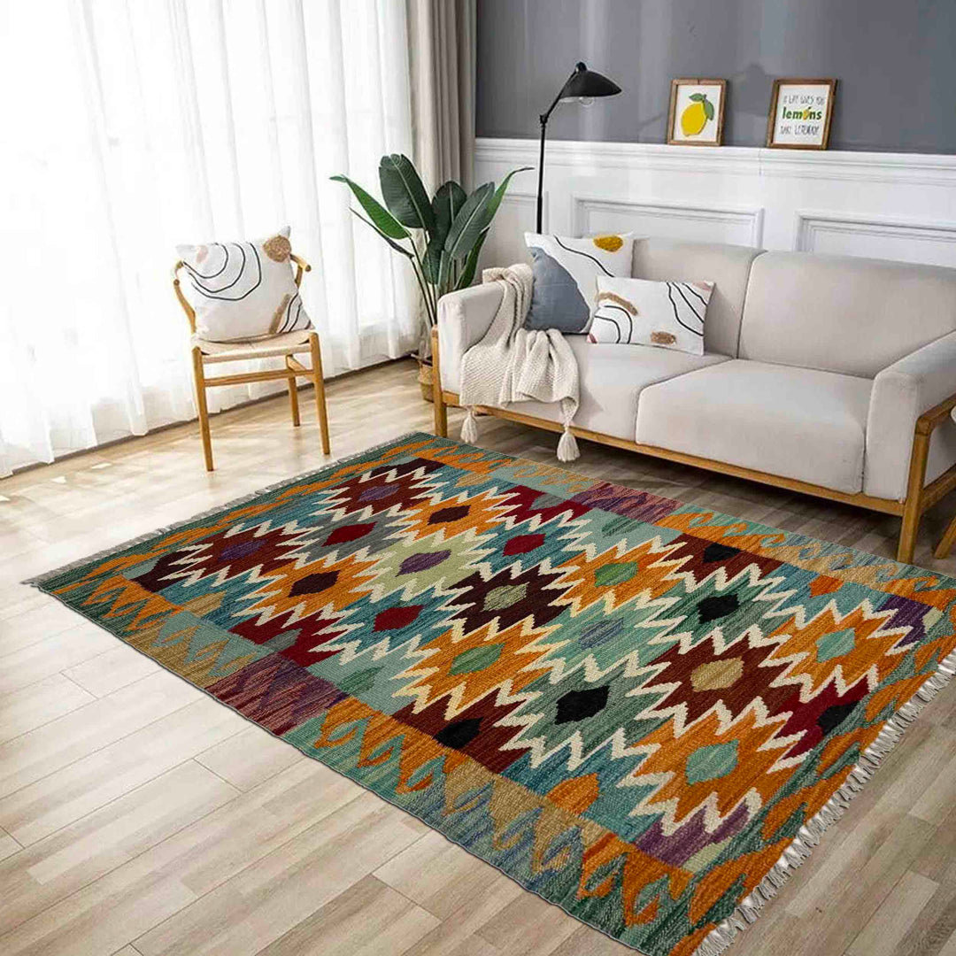 Afghan Vegetable Kilim Rug 2' 7" x 3' 11" Flat-Weave reverse