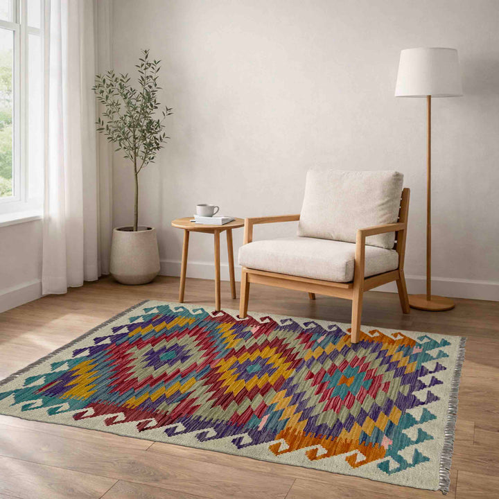 Afghan Vegetable Kilim Rug 2' 7" x 3' 10" Flat-Weave reverse