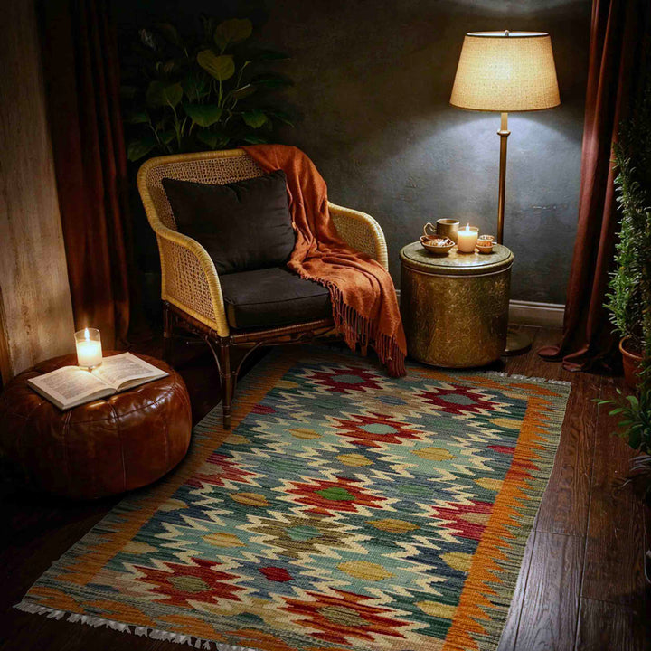 Afghan Vegetable Kilim Rug 2' 7" x 3' 10" Flat-Weave reverse