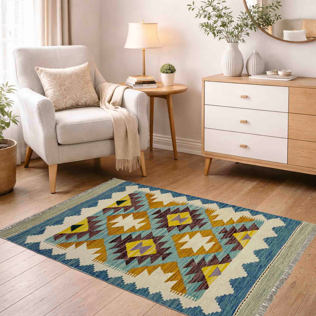 Afghan Vegetable Kilim Rug 2' 10" x 3' 11" Flat-Weave reverse