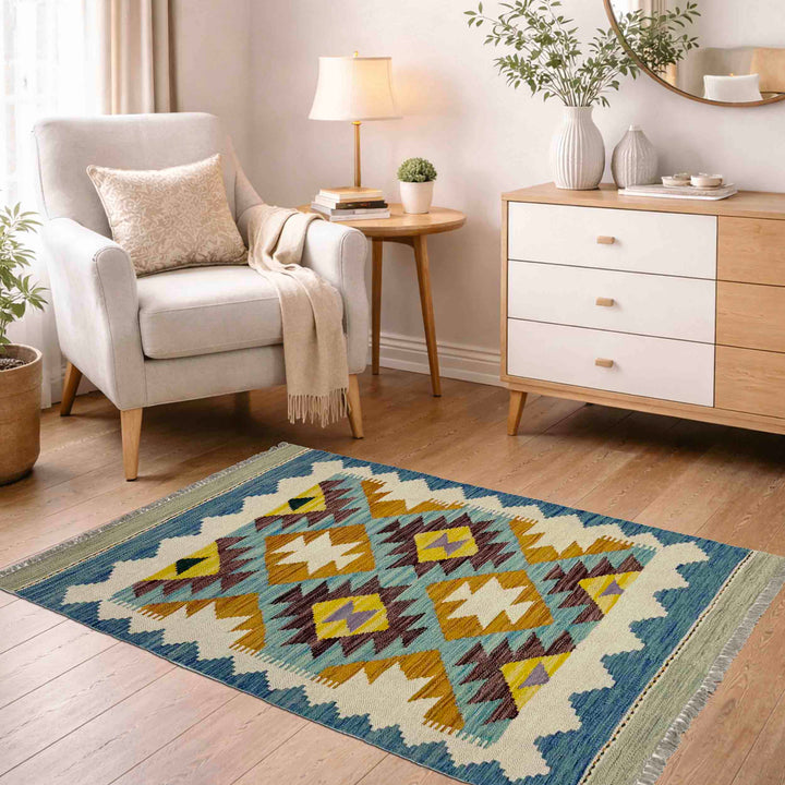 Afghan Vegetable Kilim Rug 2' 10" x 3' 11" Flat-Weave reverse