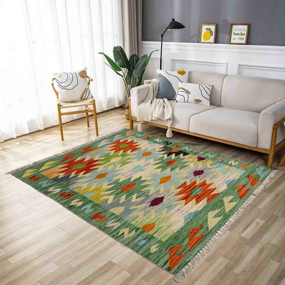 Afghan Vegetable Kilim Rug 2'7" x 4'0" Flat-Weave reverse