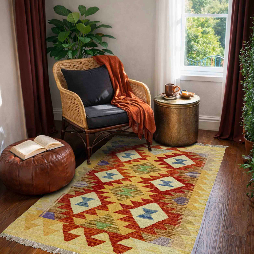 Afghan Vegetable Kilim Rug 2' 8" x 4' 2" Flat-Weave reverse