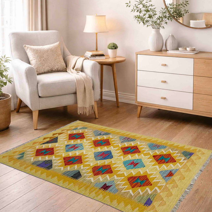 Afghan Vegetable Kilim Rug 3' 3" x 4' 10" Flat-Weave reverse