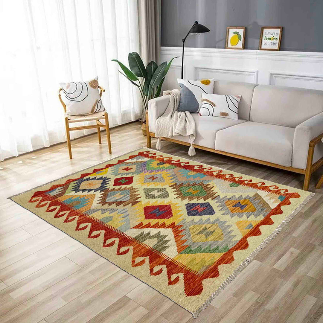 Afghan Vegetable Kilim Rug 3' 5" x 5' 1" Flat-Weave reverse