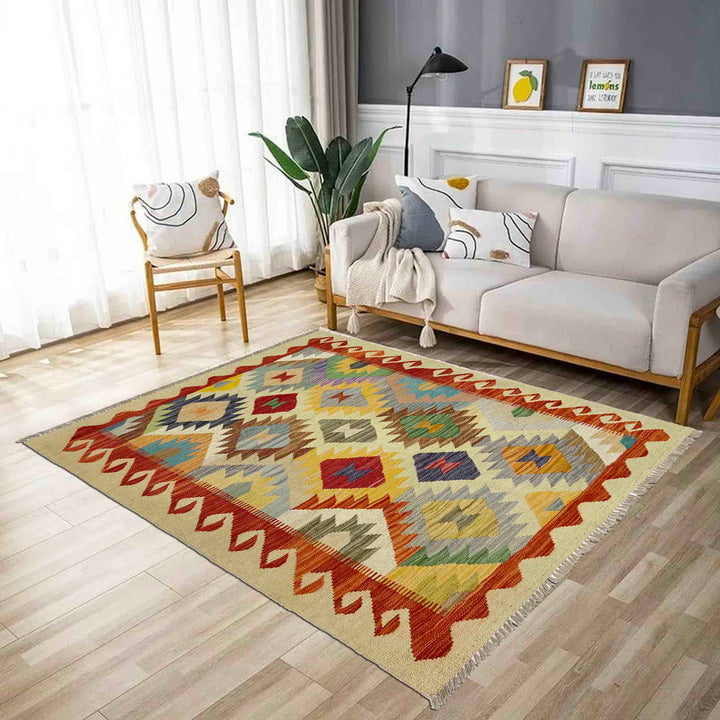 Afghan Vegetable Kilim Rug 3' 5" x 5' 1" Flat-Weave reverse
