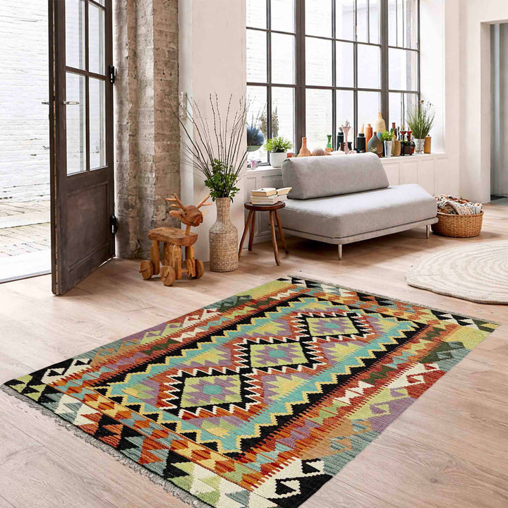 Afghan Vegetable Kilim Rug 3' 4" x 4' 11" Flat-Weave reverse