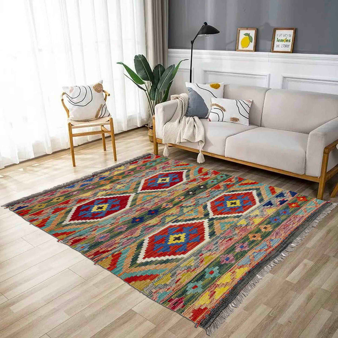 Multicolor Afghan Vegetable Kilim Rug 3'4" x 4'10" Flat-Weave reverse