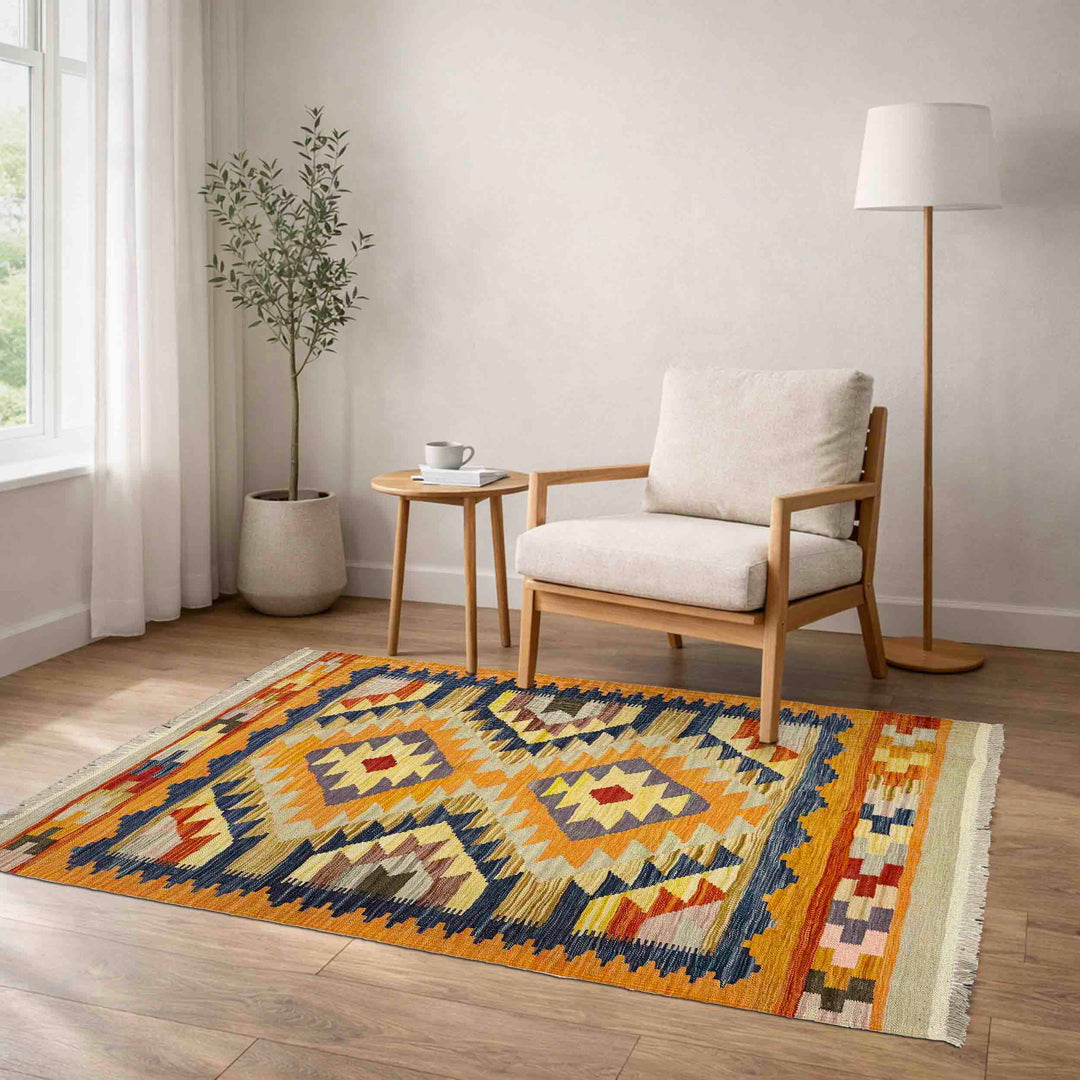 Afghan Vegetable Kilim Rug 3' 4" x 4' 10" Flat-Weave reverse