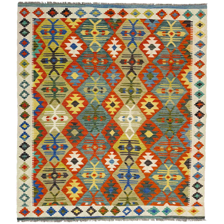 Afghan Vegetable Kilim Rug 5' 1" x 6' 10" Flat-Weave