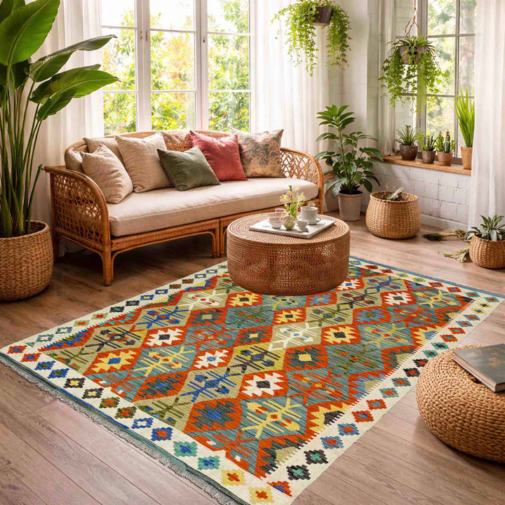Afghan Vegetable Kilim Rug 5' 1" x 6' 10" Flat-Weave reverse
