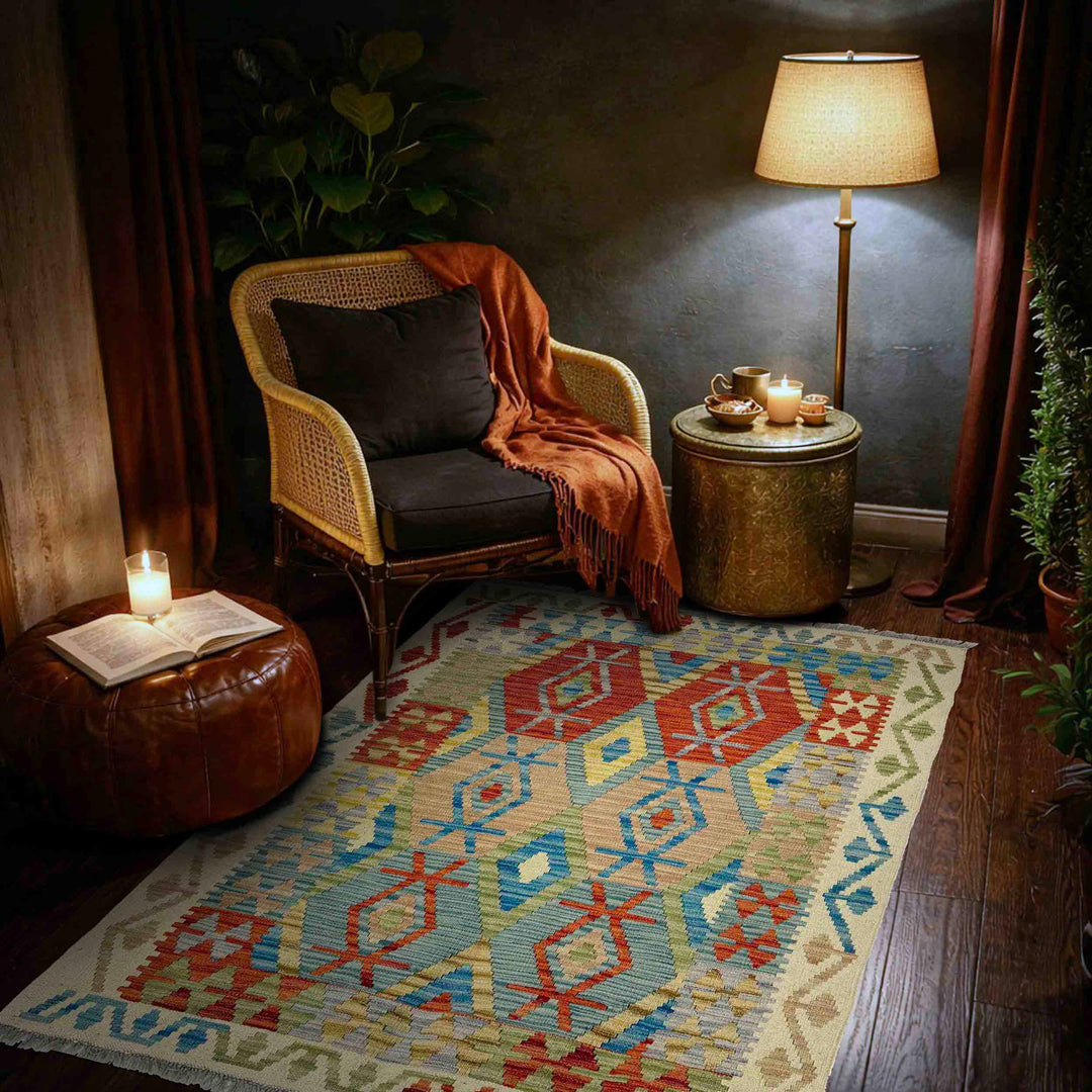 Afghan Vegetable Kilim Rug 3' 5" x 5' 2" Flat-Weave reverse