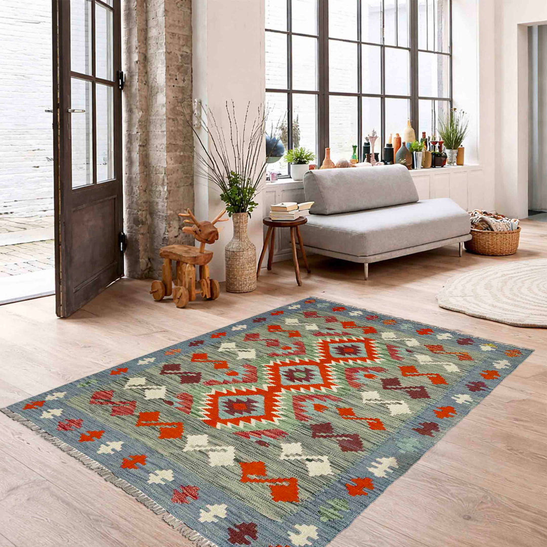 Multicolor Afghan Vegetable Kilim Rug 3'9" x 5'0" Flat-Weave reverse